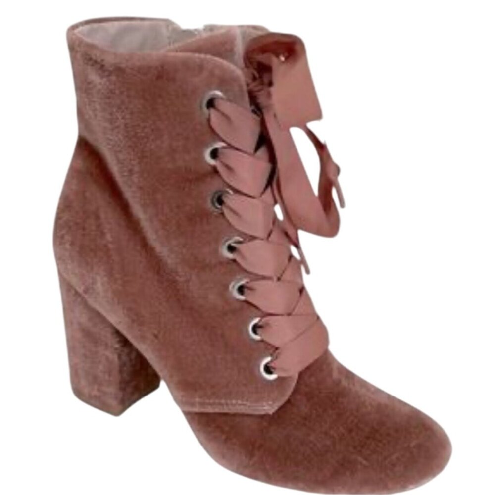 Reaction Kenneth Cole Pink Velvet Ankle Boots Ribbon Lace-Up Corrine Size 7.5